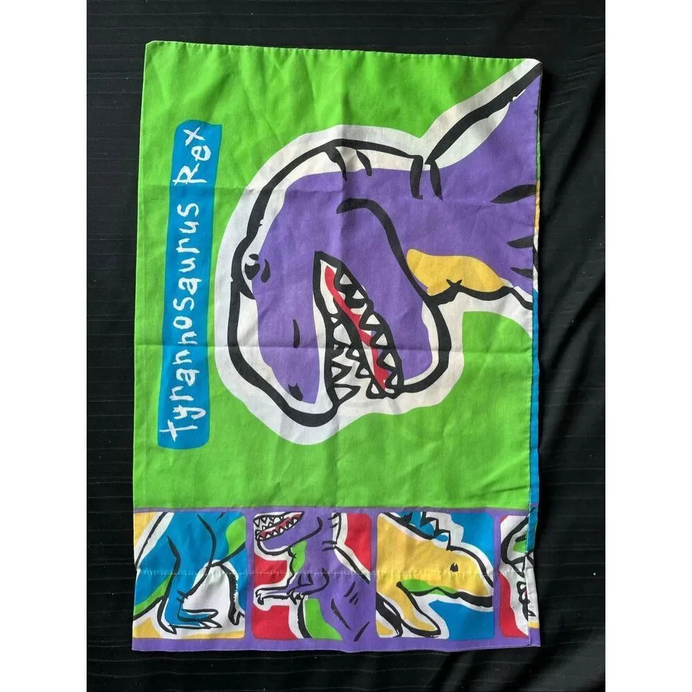 VTG Dinosaur Pillowcase Triceratops T Rex Kids Bedding Colorful Retro